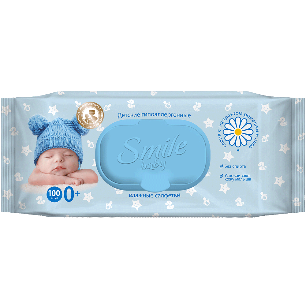 Салфетки влажные “Экстракт ромашки и алоэ” Smile baby 100 шт.- Фото - Biosphere