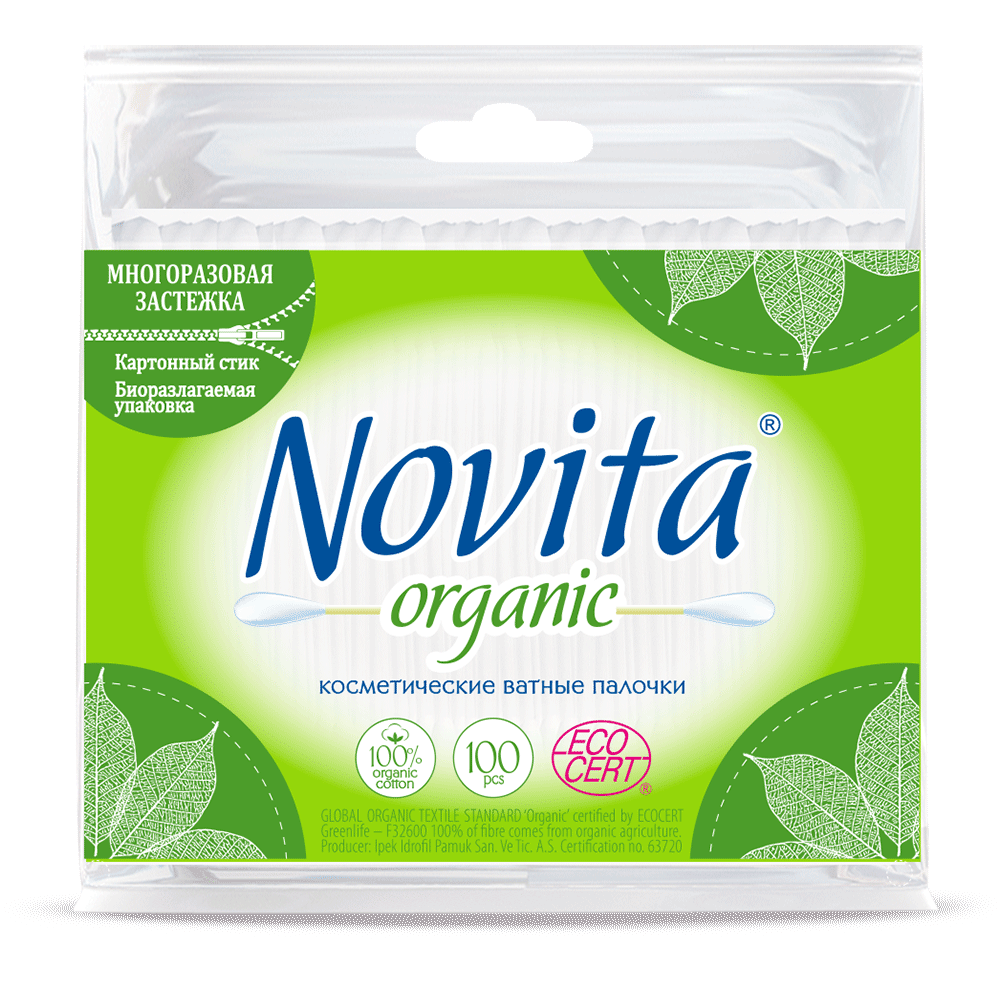 Novita Organic Палички ватні в поліетиленовому пакеті 100 шт.- Фото - Biosphere