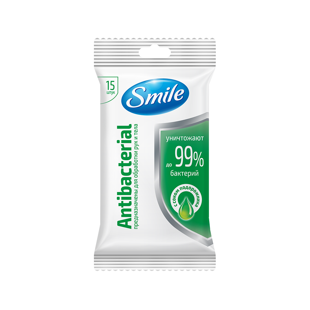 Влажные салфетки Smile Antibacterial с соком подорожника 15 шт.- Фото - Biosphere