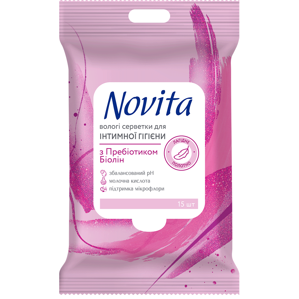 Novita Волога серветка Intimate Пребіотик біолін, 15 шт.- Фото - Biosphere